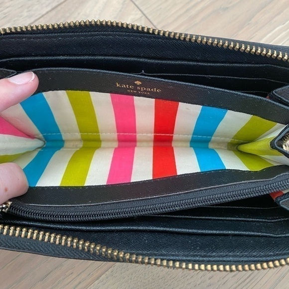 Kate Spade Black Large Continental Zip Around Colorful Striped Interior Wallet - Picture 11 of 16